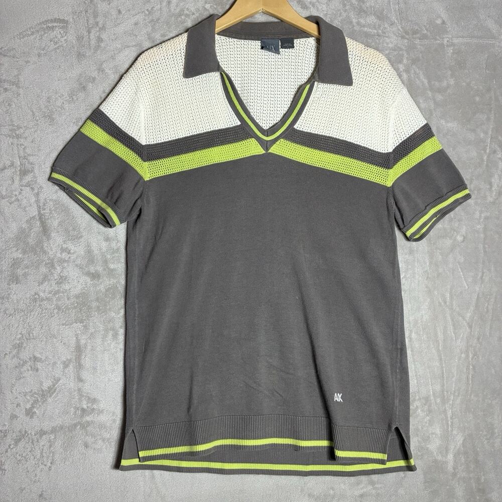 A|X Armani Exchange Color Block V-Neck Short Sleeve Top Lime Green/ Grey/White L